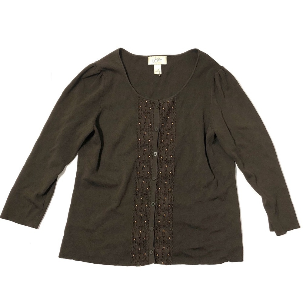 Loft Lace Beaded Brown Cardigan Small Button Down Sweater Women’s
